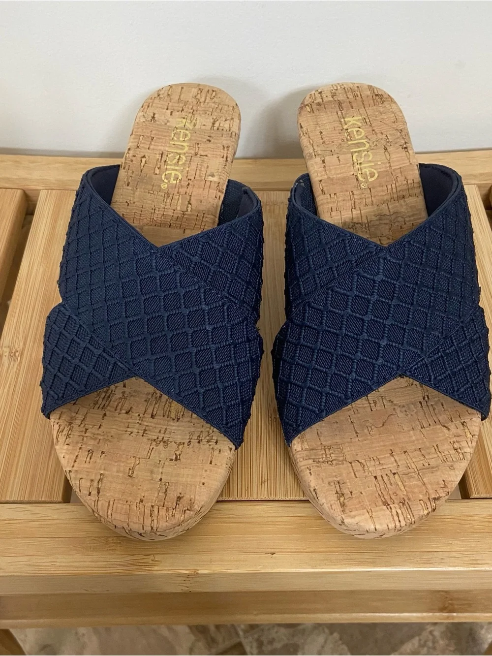 Kensie Jule Cork Wedge Slide Sandals Women’s Size 6M Navy Blue Criss Cross Summe